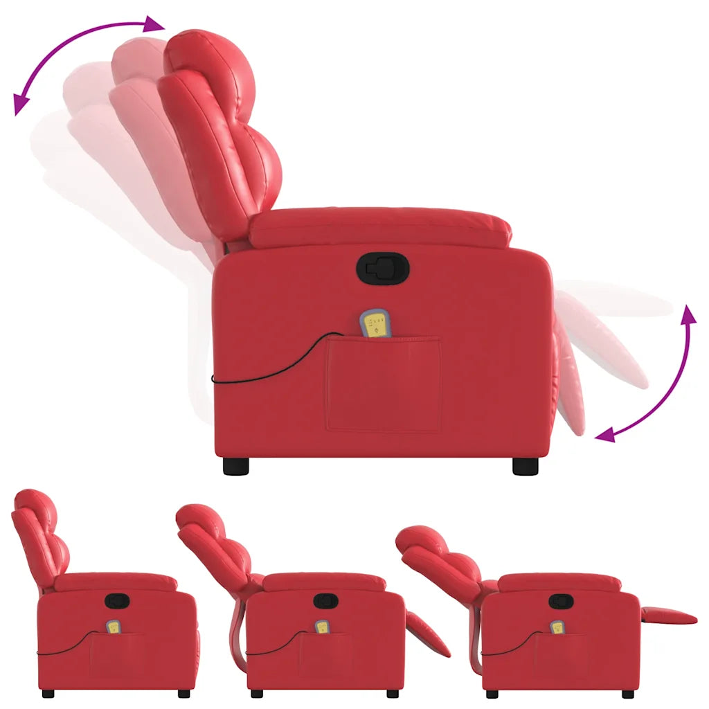 Vue complète du fauteuil cuir inclinable rouge en position assise.