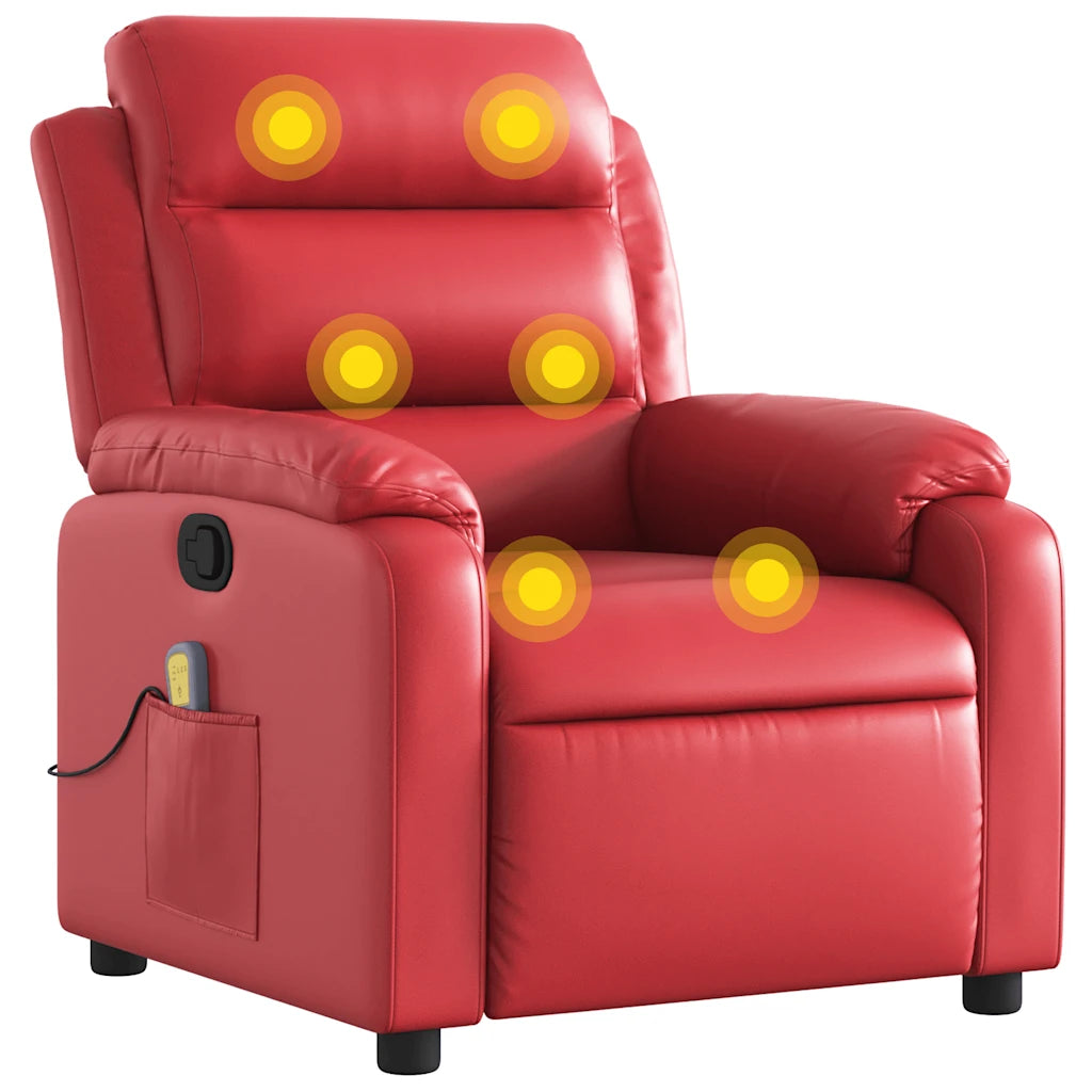 Détail du dossier inclinable manuel d’un fauteuil en similicuir rouge.