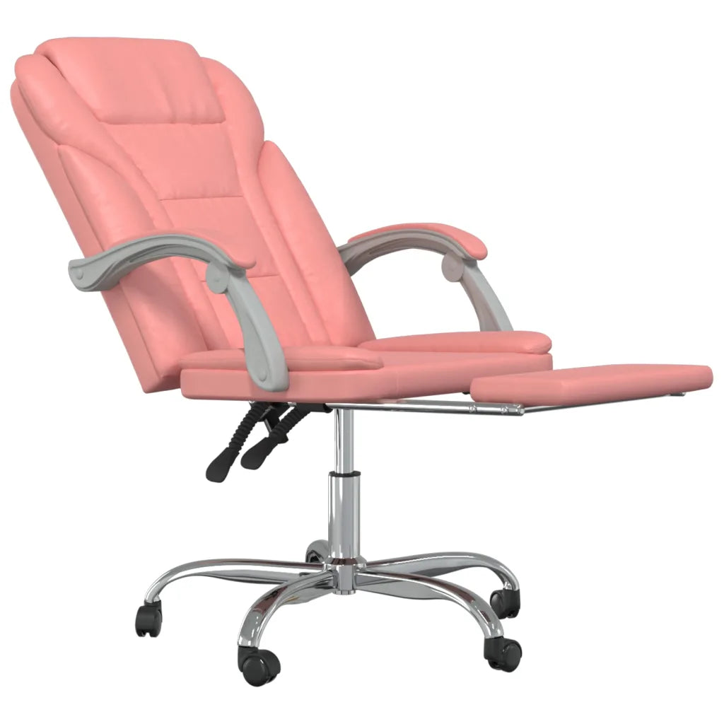 Fauteuil de bureau rose en similicuir avec roulettes multidirectionnelles.