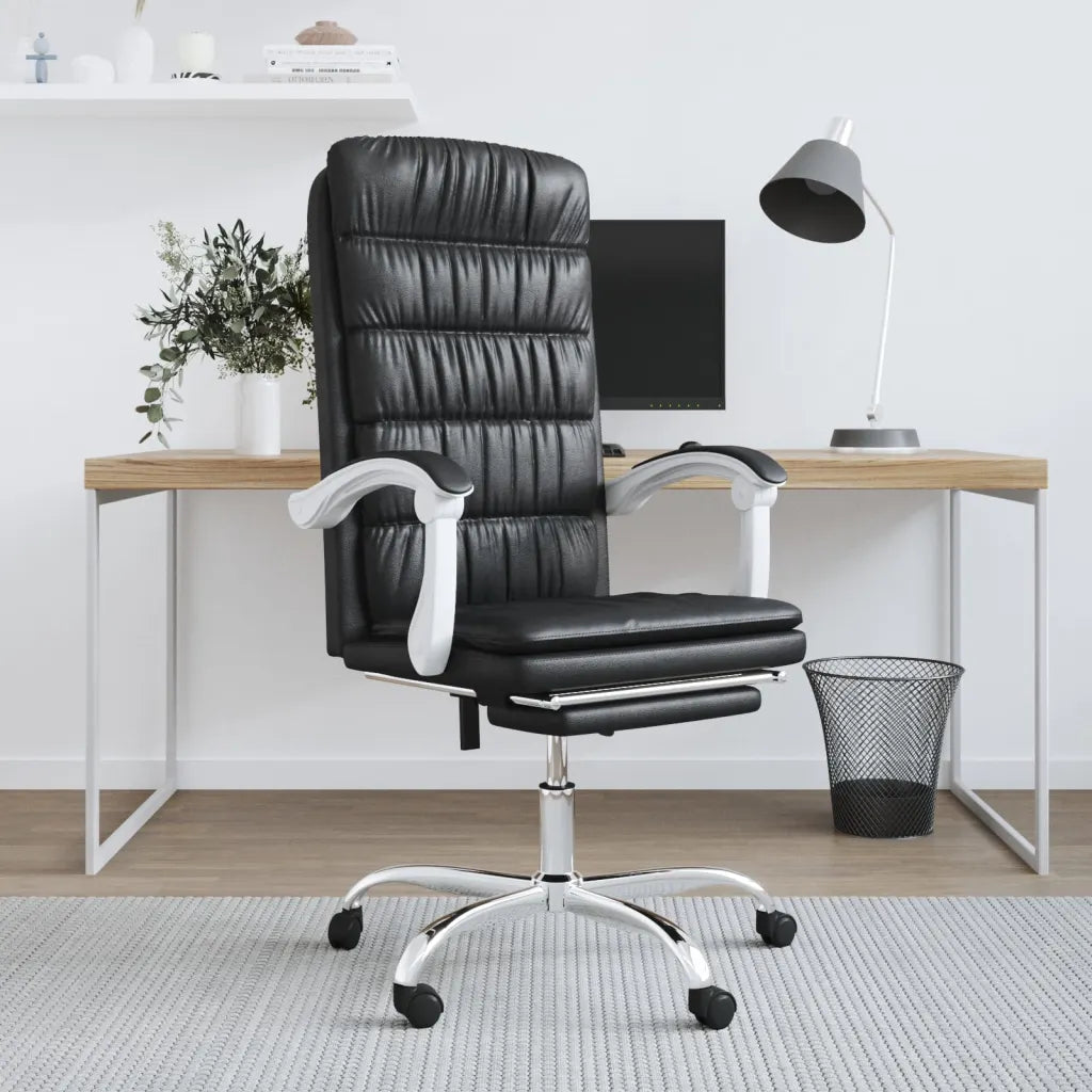 Fauteuil de bureau inclinable noir en similicuir avec dossier réglable.