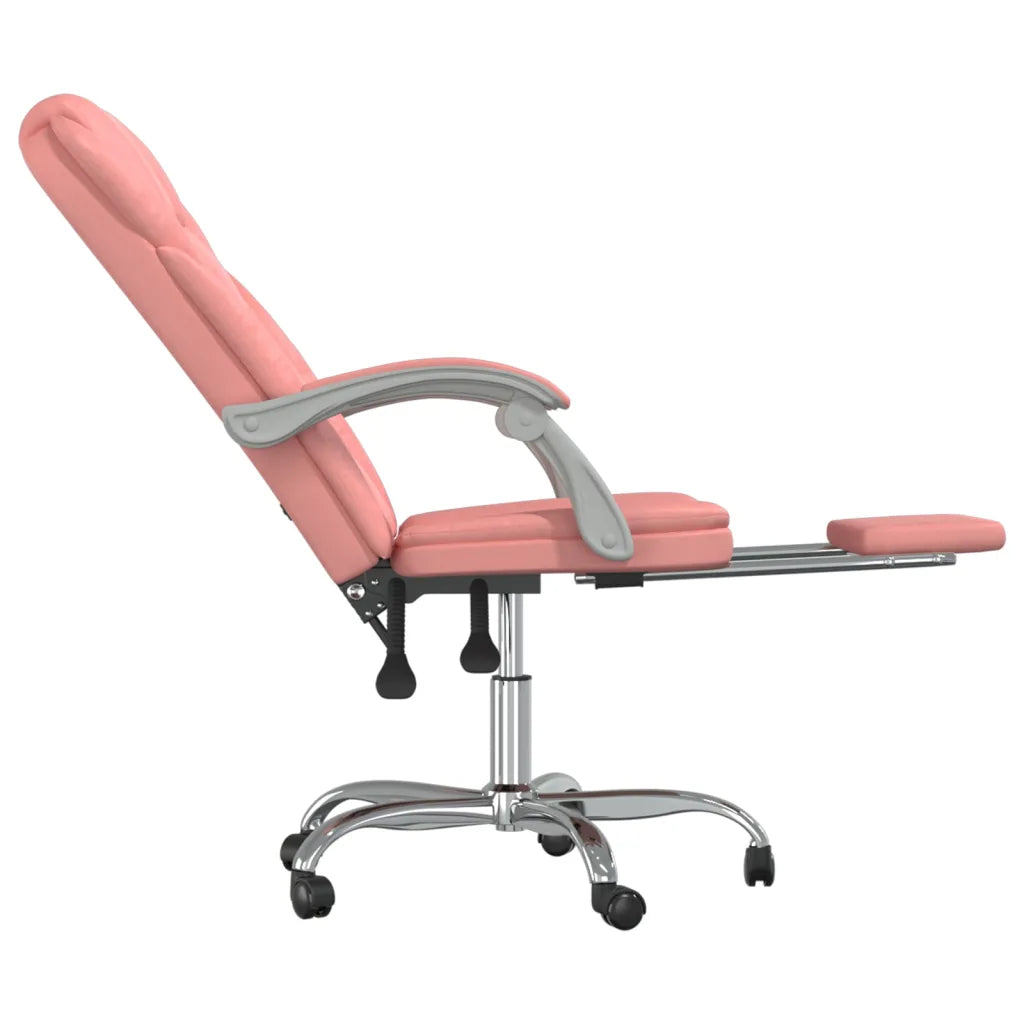 Vue latérale du fauteuil de bureau inclinable rose avec repose-pieds.