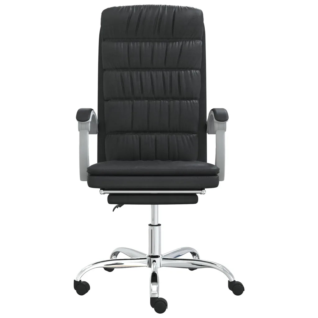 Fauteuil inclinable de bureau noir avec repose-pieds intégré et design minimaliste.