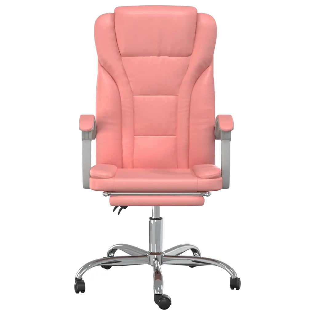 Fauteuil de bureau design rose avec piètement métallique chromé.