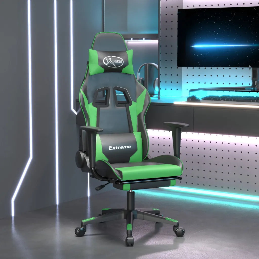 Fauteuil gamer inclinable noir et vert au design sportif.
