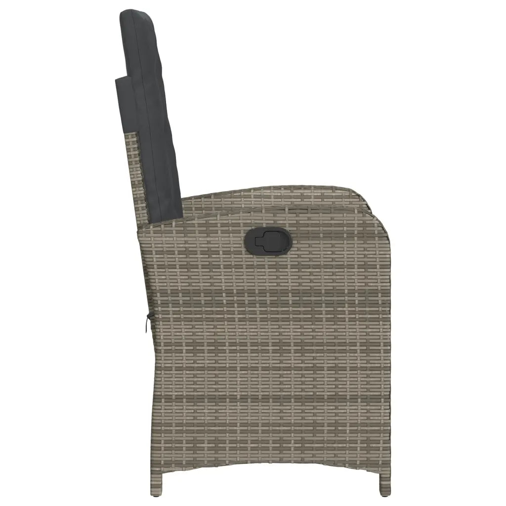 Vue de côté du fauteuil de jardin inclinable avec coussins gris foncé.