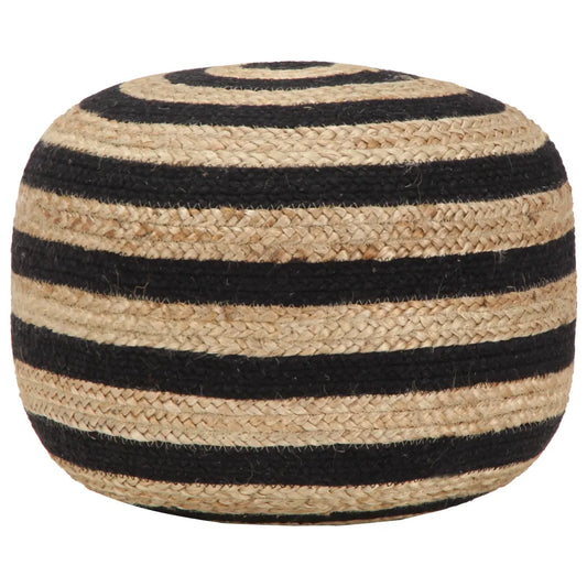 Un Pouffe Repose Pieds artisanal en toile de jute et aux rayures noires.