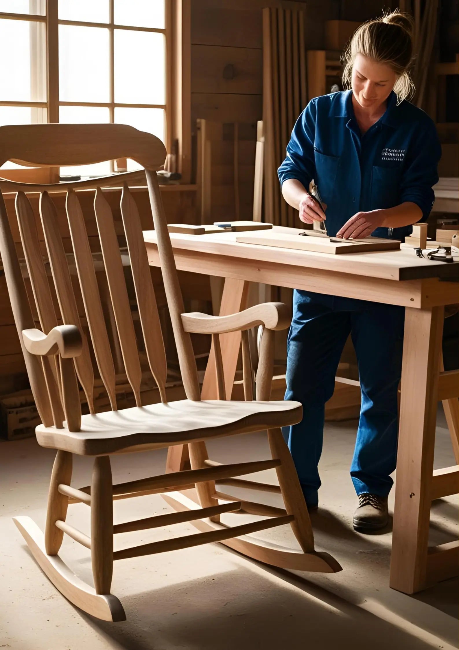 une femme ébéniste qui travaille sur les plans d'un Rocking Chair.