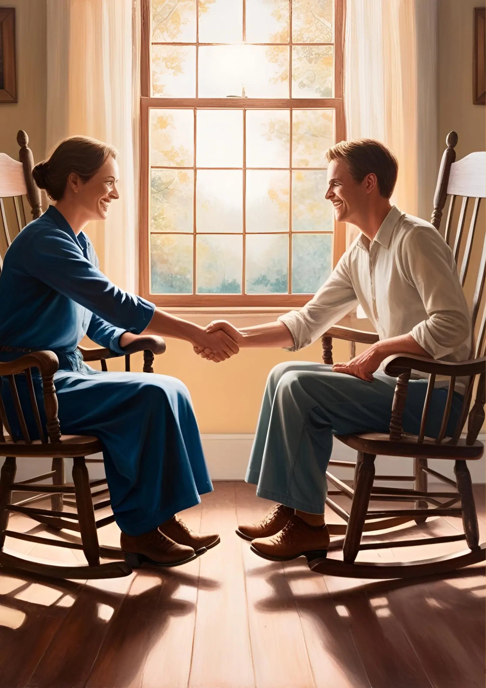 un homme et une femme qui se serrent la main assis chacun sur un Rocking Chair.