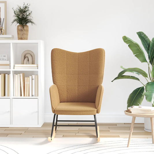 Fauteuil à bascule bouclette beige dans un salon moderne – confort et élégance scandinave.