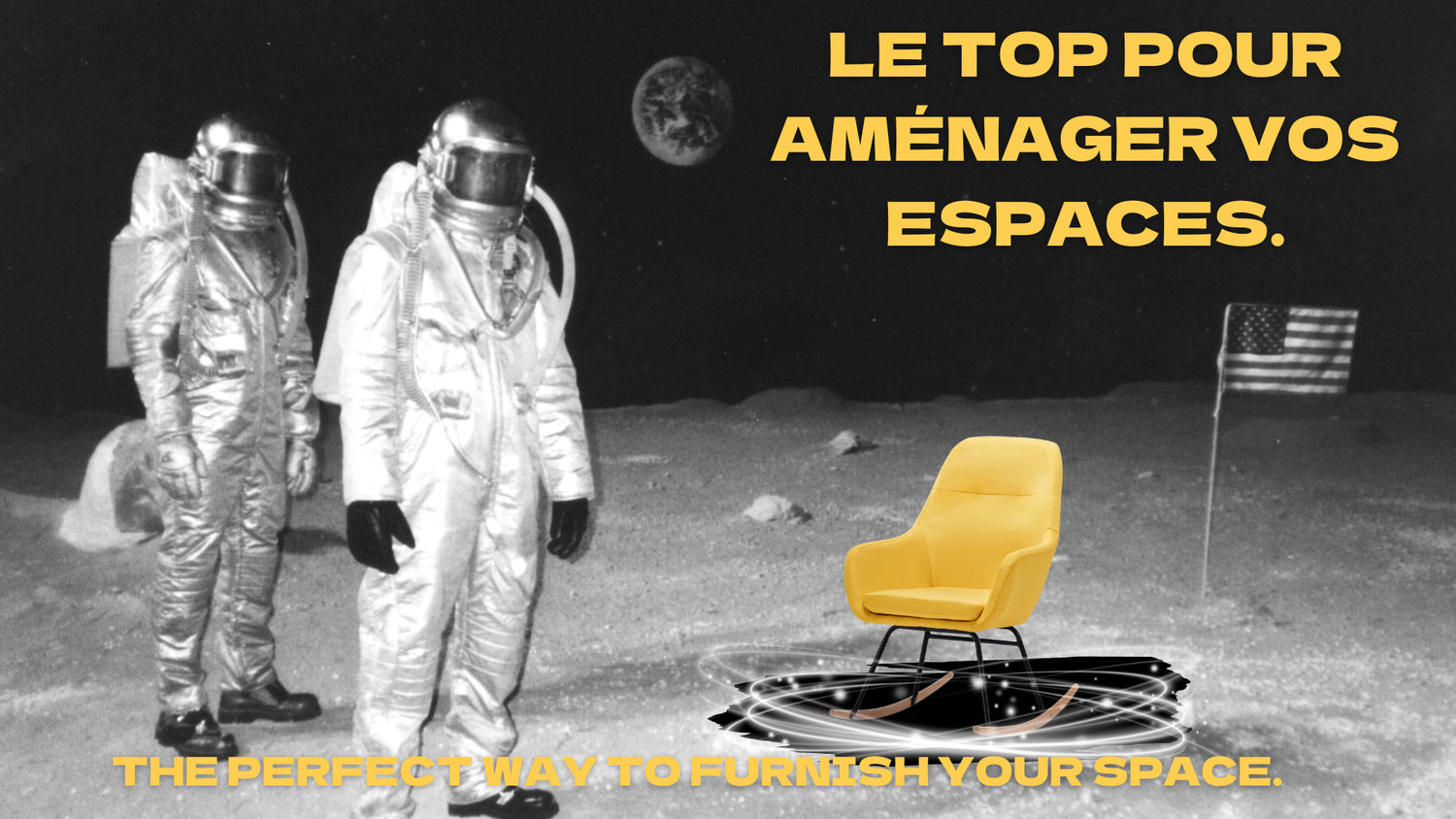 Des astronautes dans l'espace devant un Rocking Chair.