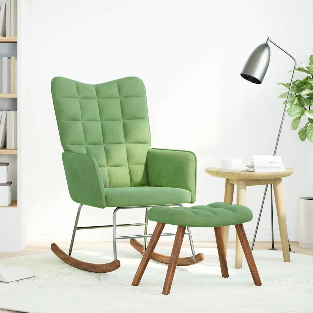 Un Fauteuil à Bascule en velours de couleurs vert clair ou Vert d'Eau