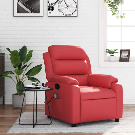 Fauteuil cuir inclinable rouge en similicuir avec repose-pieds relevé.