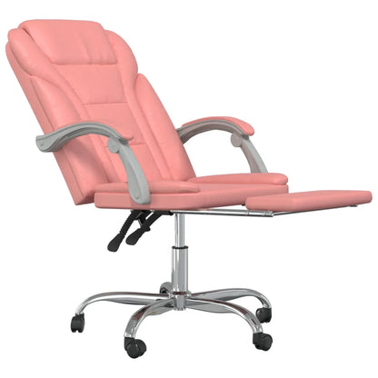 Fauteuil de bureau rose en similicuir avec roulettes multidirectionnelles.