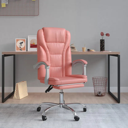 Fauteuil de bureau inclinable rose dans un espace de travail contemporain.