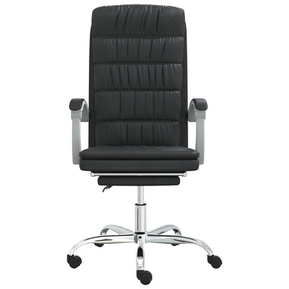 Fauteuil inclinable de bureau noir avec repose-pieds intégré et design minimaliste.