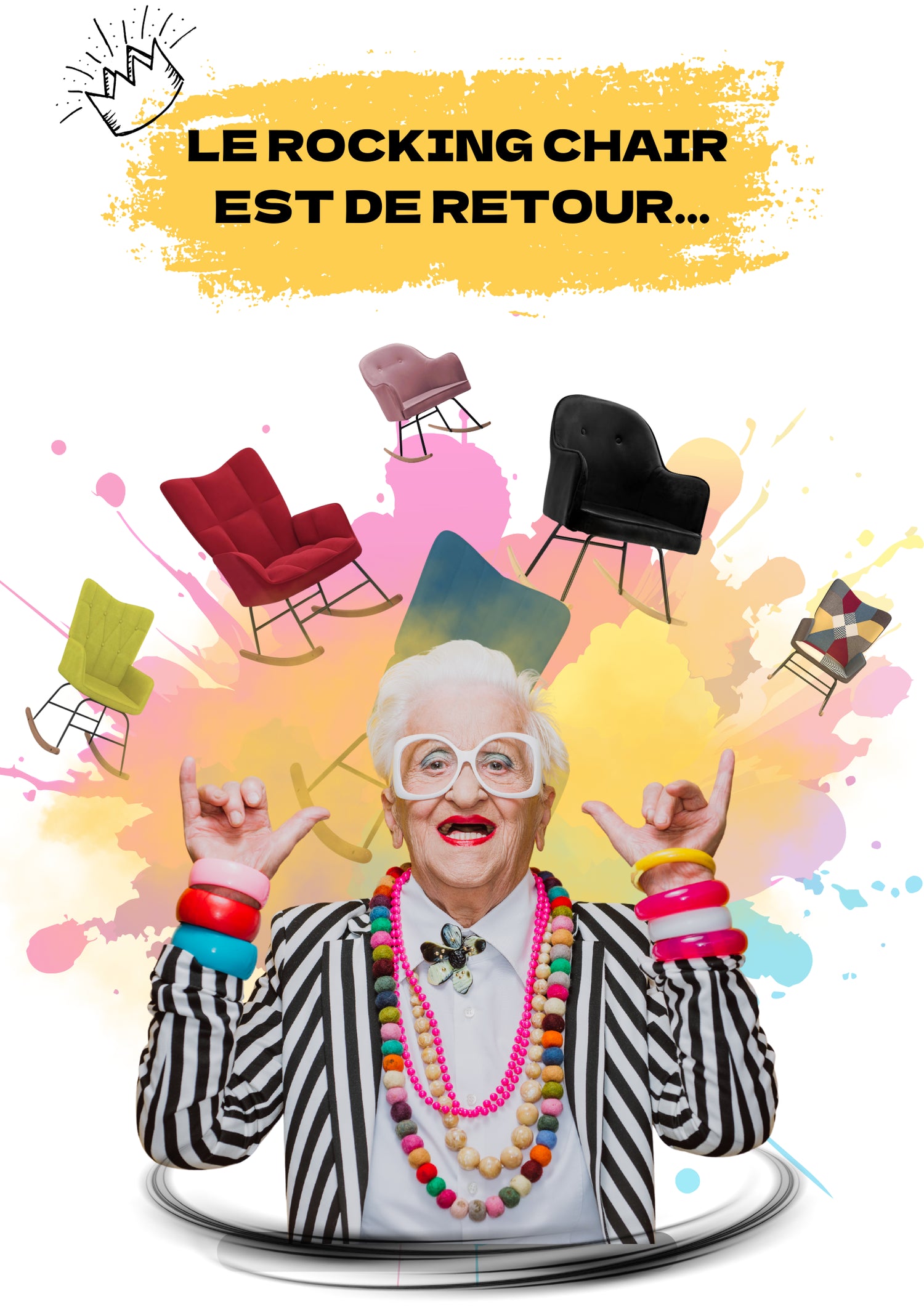 Une grand-mère fun qui fait un signe cool avec une ribambelle de Rocking Chair autours d'elle!