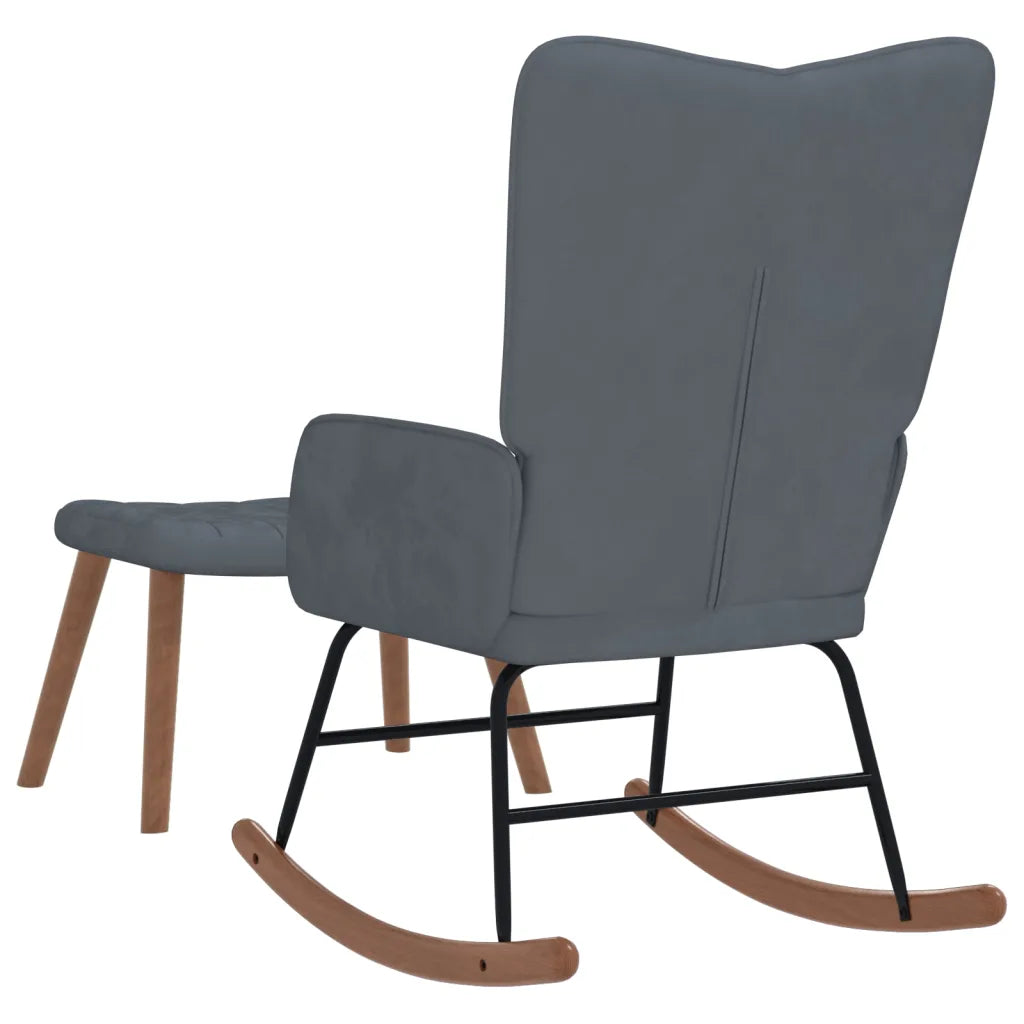 Un Rocking Chair Confortable en velours de couleur gris foncé.